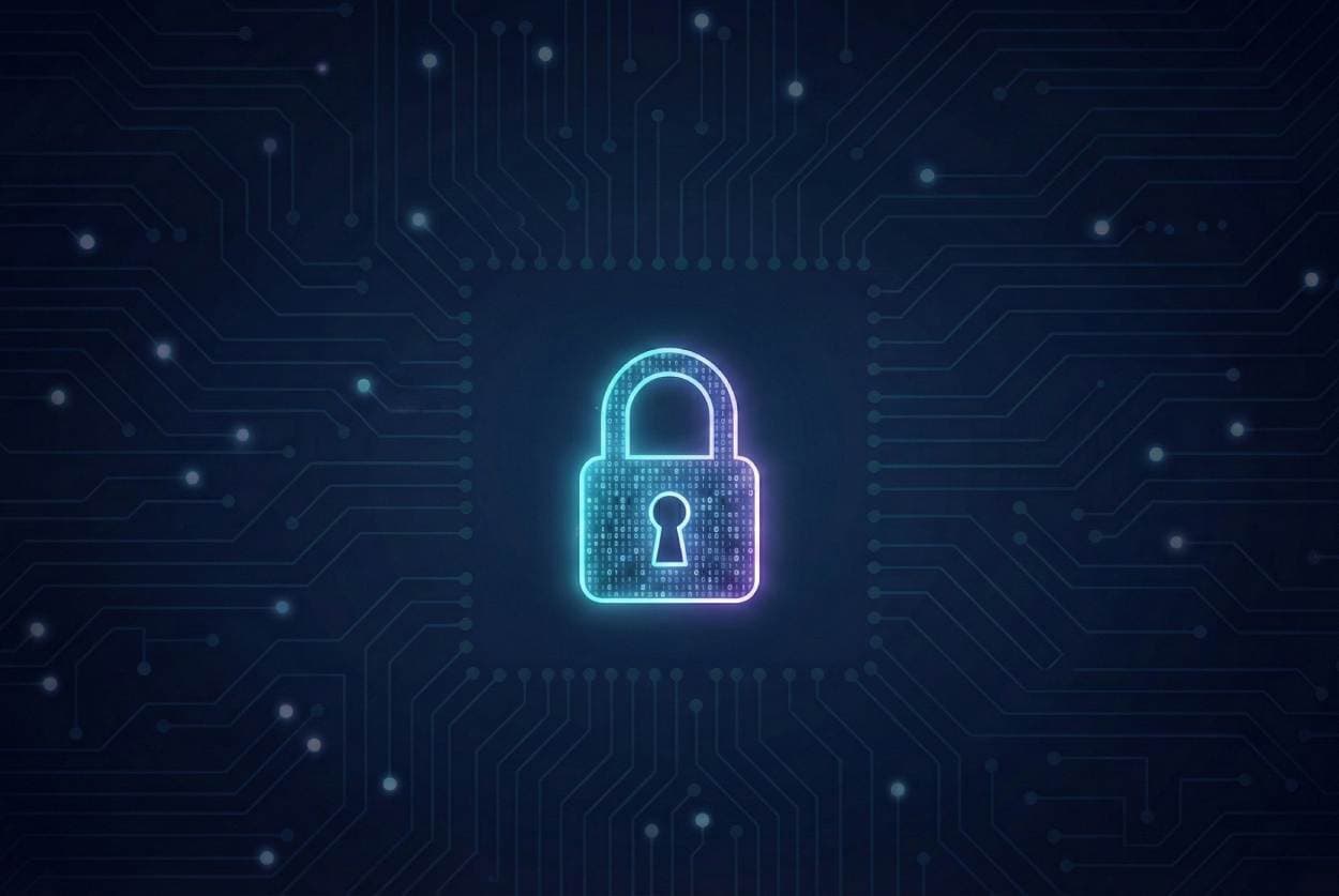 A glowing digital padlock icon centered on a dark blue circuit board background.